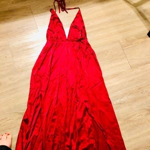 White Fox red silk maxi dress, halter